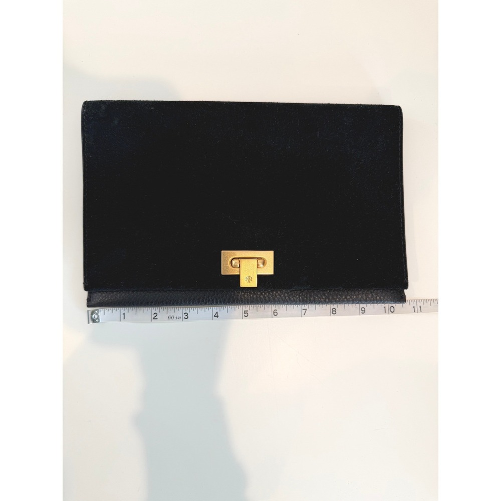 Tory Burch Carmen Suede Leather Clutch In Black, Gold Hardware - Picture 2 of 7